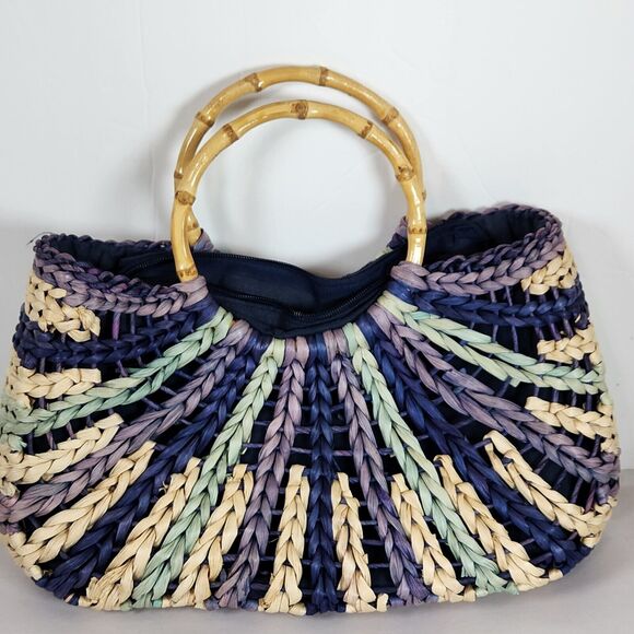 tropical trends purple striped colorful Straw Woven Handbag round Bamboo Handle - Picture 1 of 10